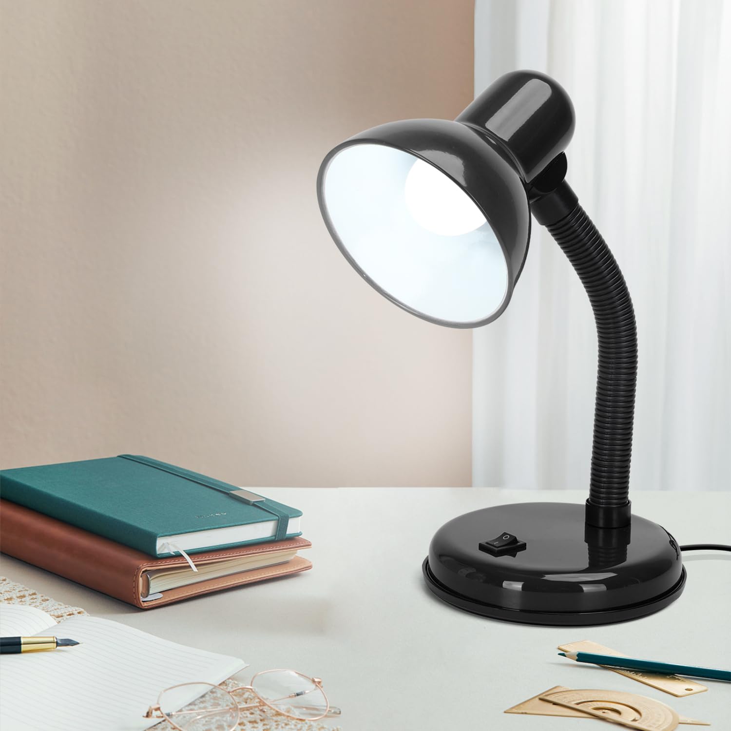 Aigostar Lámpara Escritorio Retro，Flexo LED Escritorio Vintage Estudio，6500K Luz Blanca Lámpara de mesa Compatible con Led Bombillas Modelo E27, Lampara Lectura, Negro