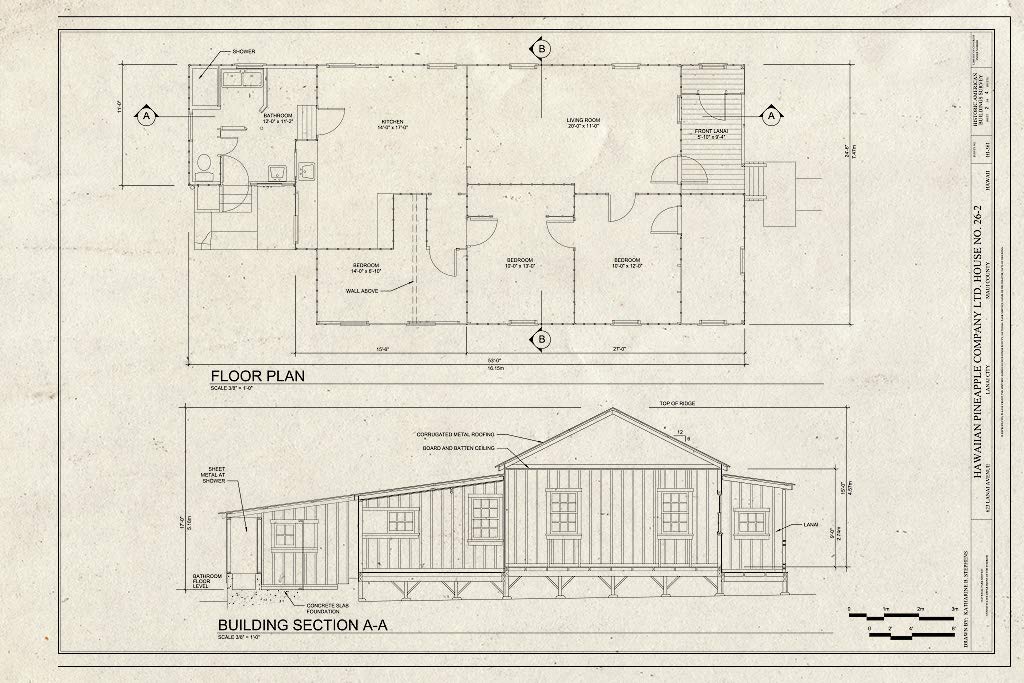 Historic PictoricBlueprint Floor Plan and Section - Hawaiian Pineapple Company (HAPCO) Ltd. House No. 26-2, 623 Lanai Avenue, Lanai City, Maui County, HI 24in x 16in