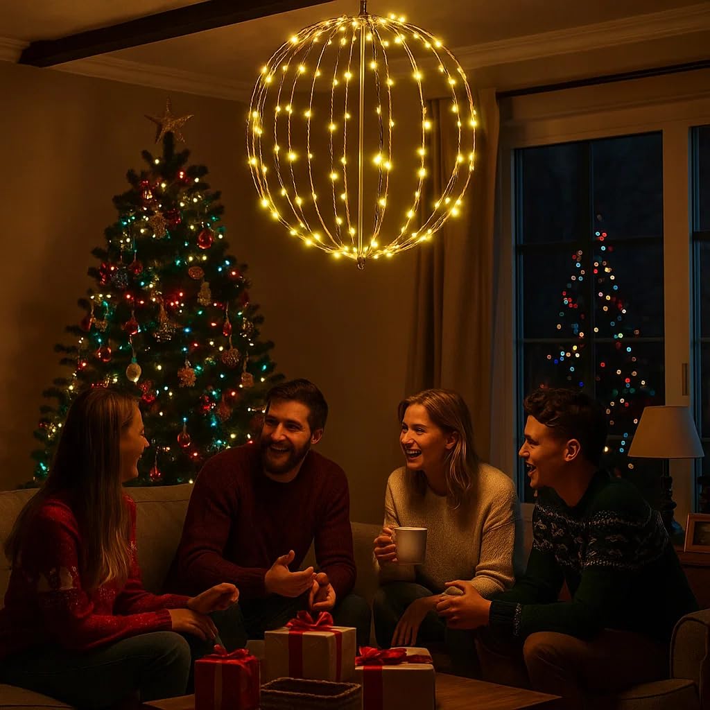 Weihnachtsbeleuchtung Außen Batterie, 30cm Hängende LED Kugel Lichter Timer 120 LED Leuchtkugel Weihnachtsdeko Outdoor 8 Modi wasserdichte für Garten Party Innen(1 Stück, Warmweiß)