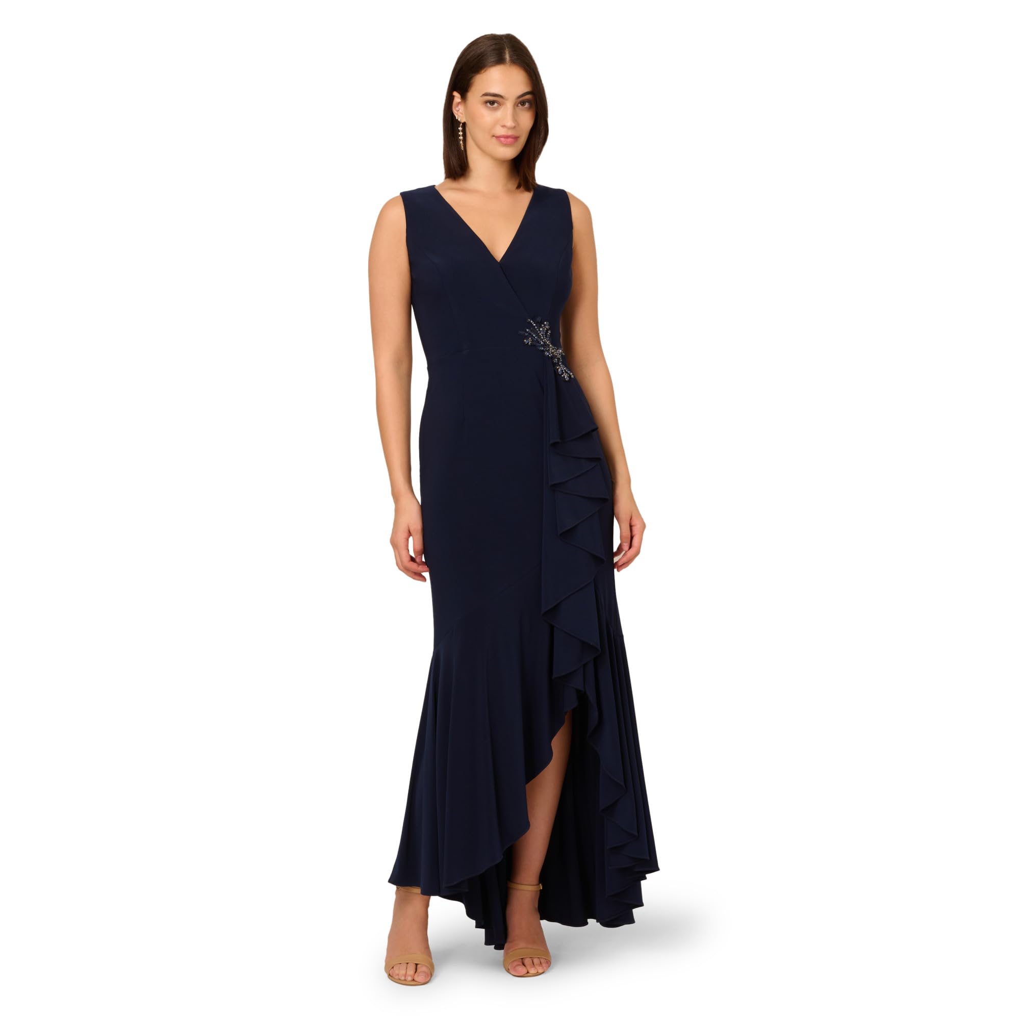 Adrianna Papell Womens Ruffle Flounce Jersey Gown, Midnight, 16