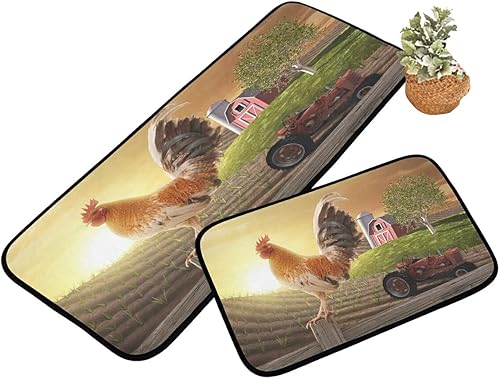 Miniatura 5 de Juego de 2 alfombras y tapetes de cocina de gallo de granja, antideslizantes, lavables, juego de 2 para cocina, hogar, decoración de lavandería