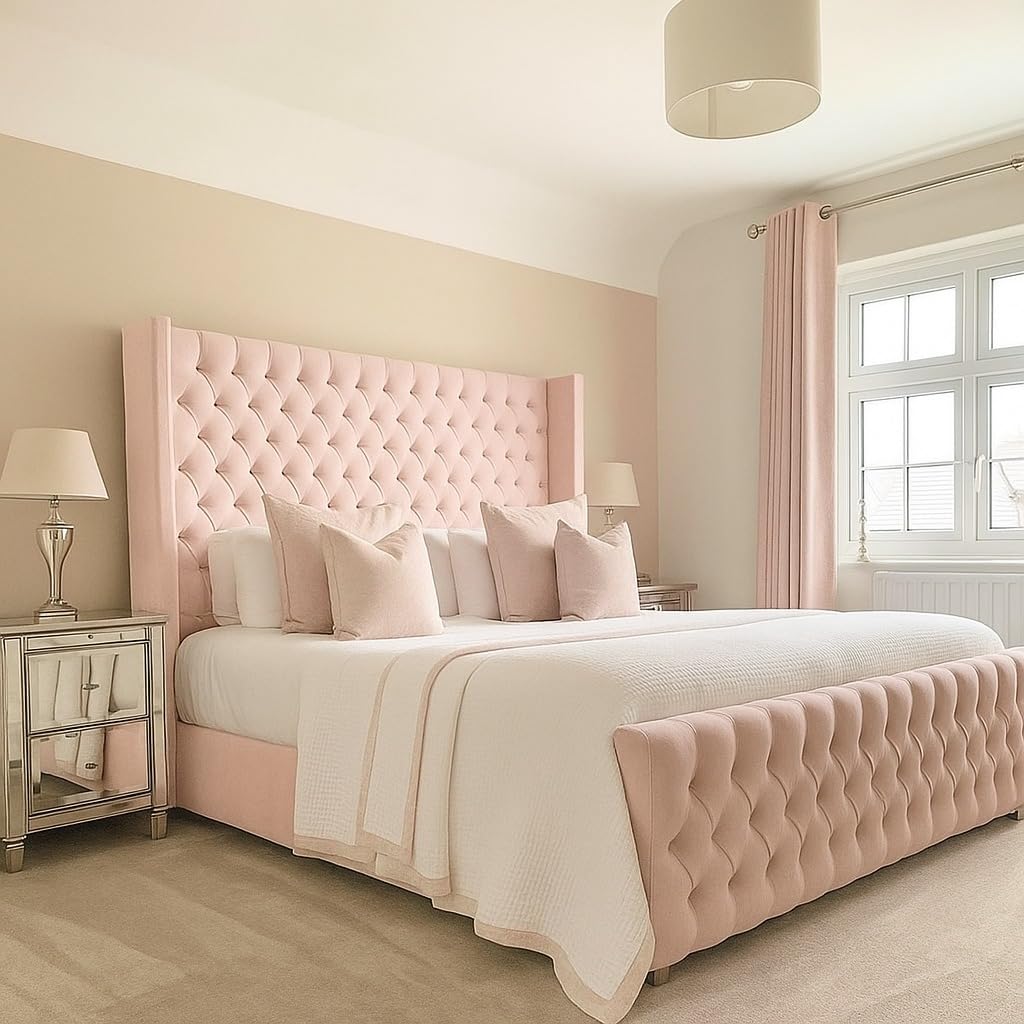 Bespoke Chesterfield Chelsea Wing Bed Frame - UK made - Single/Double/King/Super King Size Plush Velvet Fabric Upholstered (Baby Pink Plush, Single 3ft)