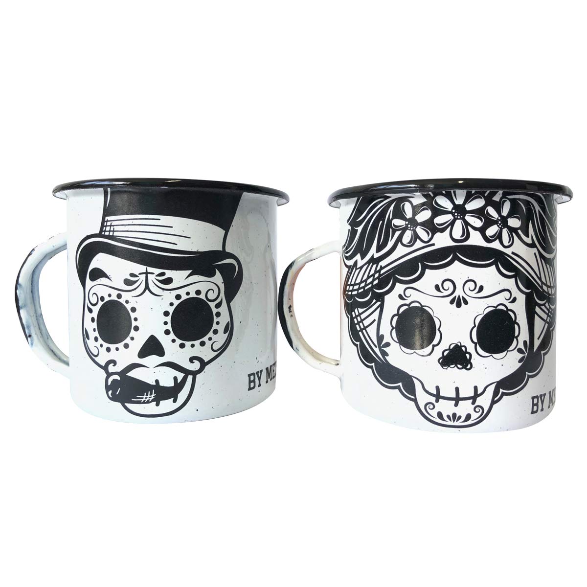 BY MEXICO Catrines White Pocillo de Peltre Duo, 12 oz. Enamel Mugs - 2 Piece Set