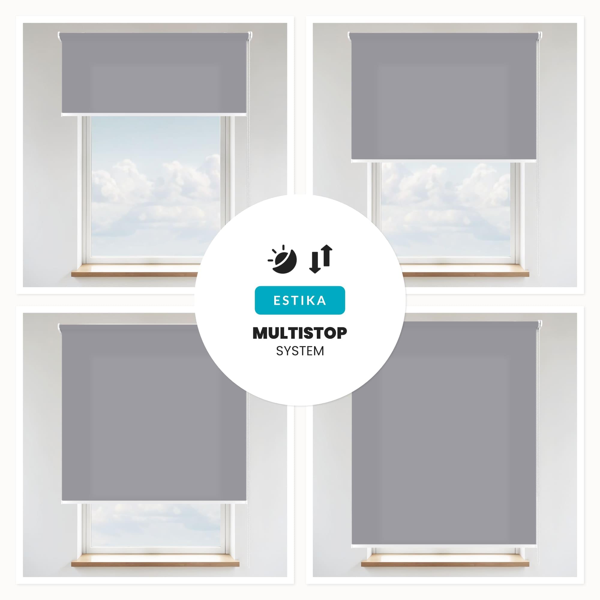 Estika Rollo mit Bohren Deckenmontage und Wandmontage, Breite: 110 cm, Höhe: 220 cm, Farbe: Grau 2, 25 Stoff Farben, Fenster rollos für innen, Sichtschutz für Fenster und Balkontür
