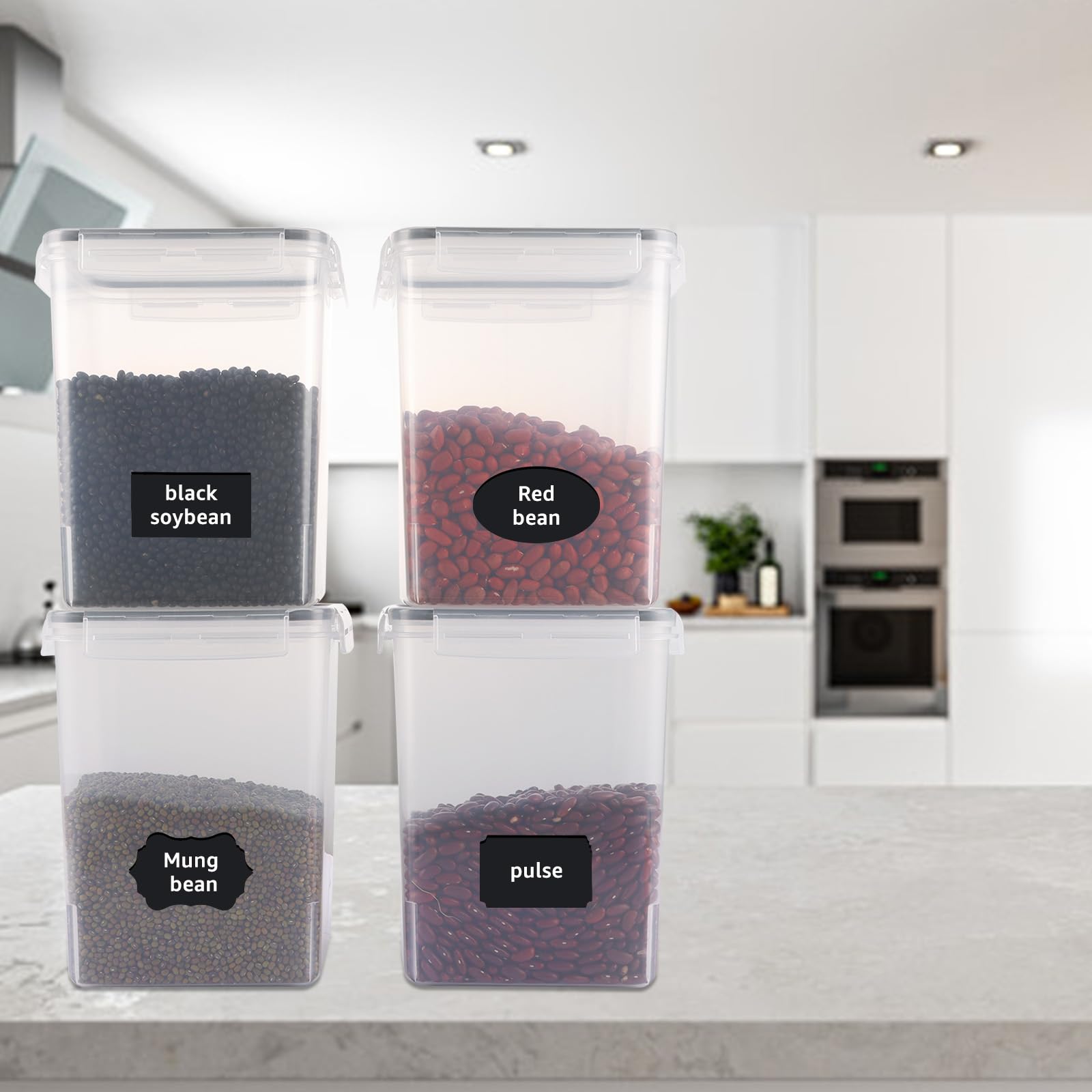 4 barattoli grandi da 5,2 l con coperchio, set di 4 contenitori ermetici con adesivi, penne e misurini, in plastica, senza BPA, per farina, cereali, zucchero