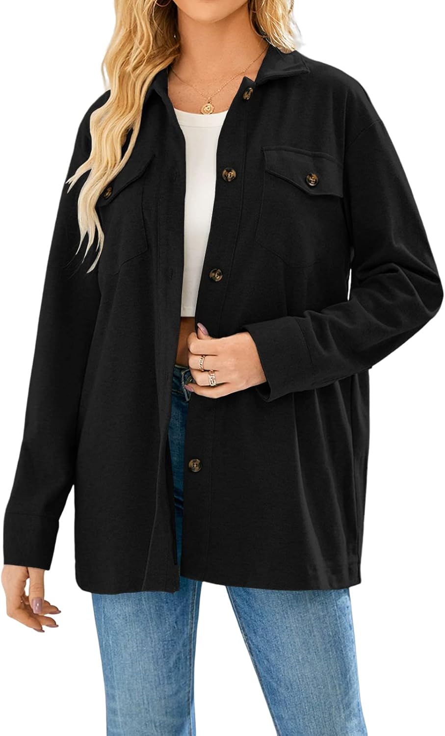 Cnkwei Shacket Jacket Women Button Down Shirt Jacket Casual Long Sleeve Shacket with Pockets - Image 3