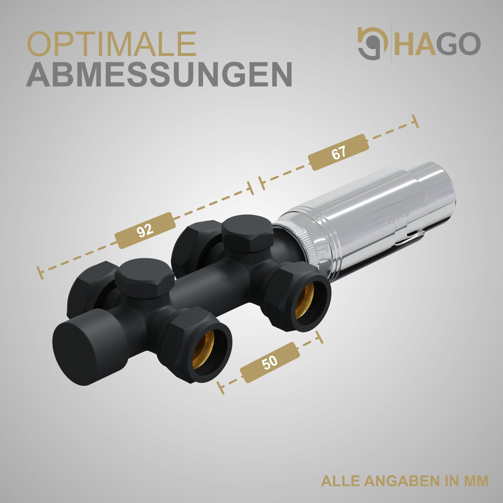 HAGO 24, valvola termostatica, termosifone, attacco centrale da 50 mm, universale, antracite, forma angolare, forma passante, sensore idrosensore, protezione antigelo, 5 livelli