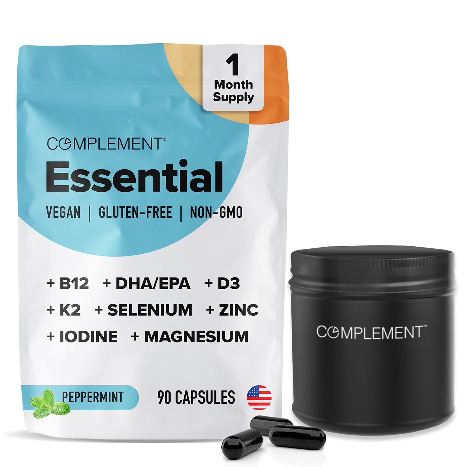 Complement Essential Vegan Multivitamin for Women & Men (30 Servings, 90 Count) Includes Jar- Omega 3 DHA+EPA, B12, Vitamin D3 K2, Zinc, Selenium, Magnesium, Iodine Supplement - Immune Support