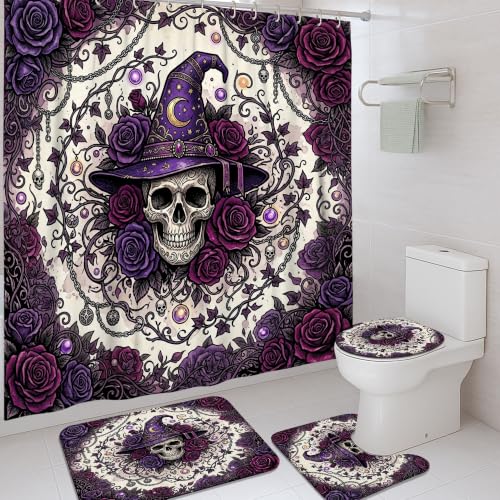 Rideau de douche tête de mort polyester violet imprimé roses 183cm - 2