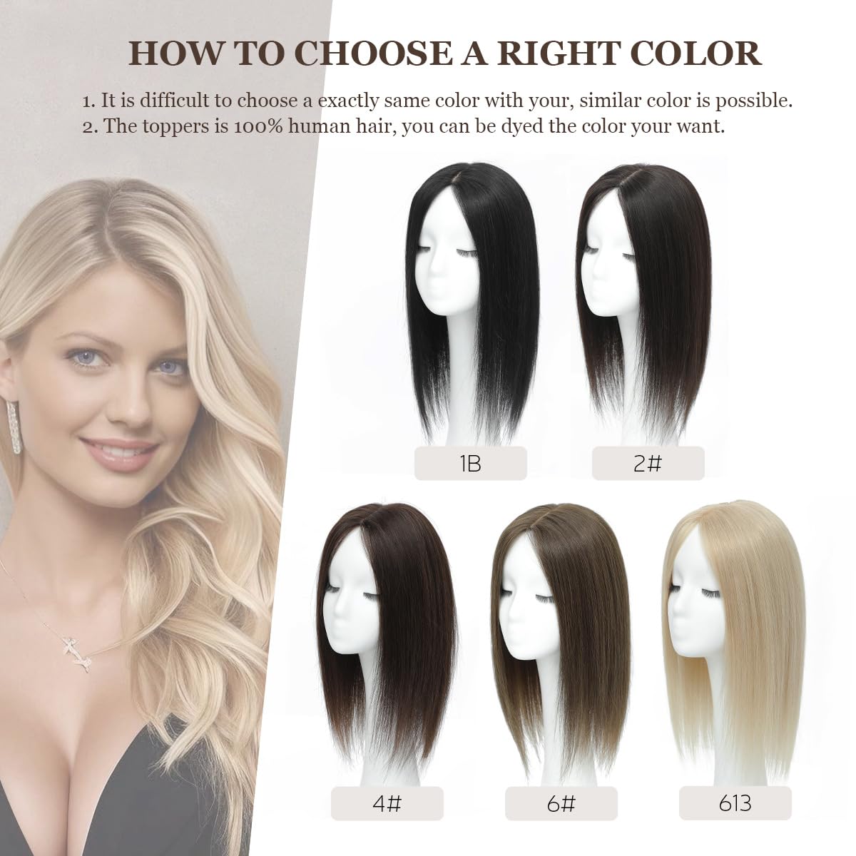 Aimeolyn Women's Real Human Hair Toppers, 16inch, Big Base, for Hair Loss or Thin Hair
