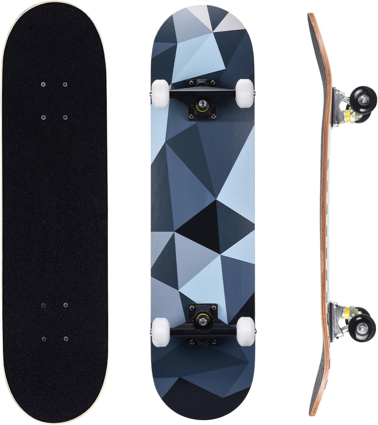 ERNAN Complete Skateboard for Beginners,31 x 8 Inch Double Kick Skateboard for Kids Teenagers & Adults. with Skate T-Tool. (rhombus blue)