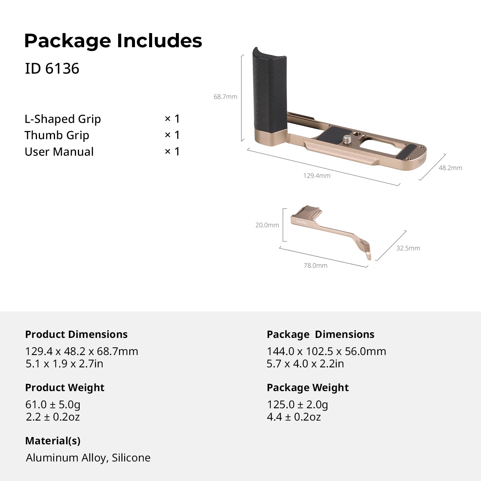 SMALLRIG Poignée en L pour Panasonic LUMIX L10, Repose-Pouce avec Monture Cold Shoe, Poignée latérale Ergonomique, Plaque à dégagement Rapide Arca Swiss, Compatible trépieds - (Titane) 6136