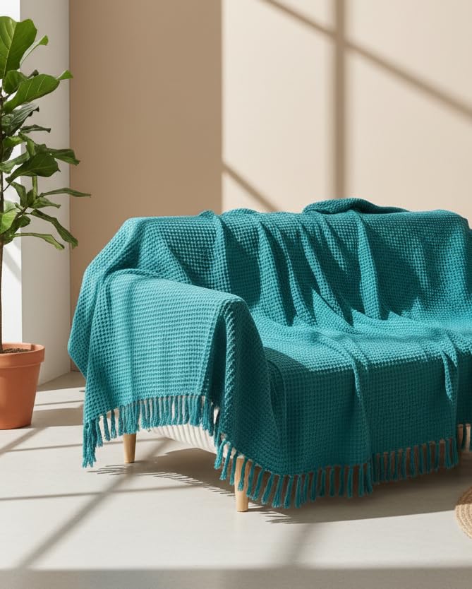 Image of Furnistitchs Bohemian Cotton Sofa Throw Blanket 50x60 inches | Waffle Knit & Chevron Pattern with Fringes | Aesthetic Decorative Couch Throw for Living Room & Bedroom (Turquoise)