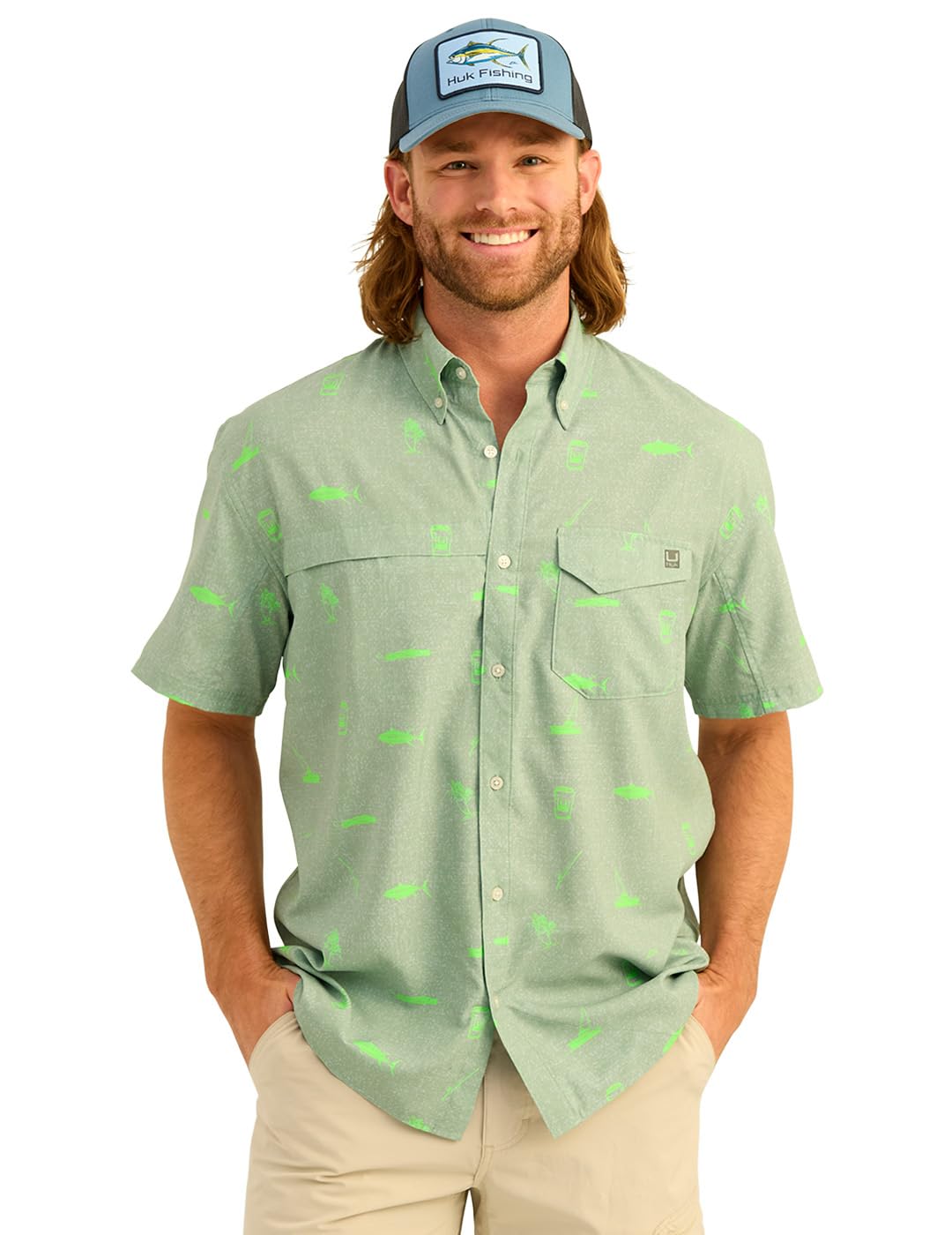 HUK - Men's Tide Point Pattern Short Sleeve Shirt, Fishing Button Down