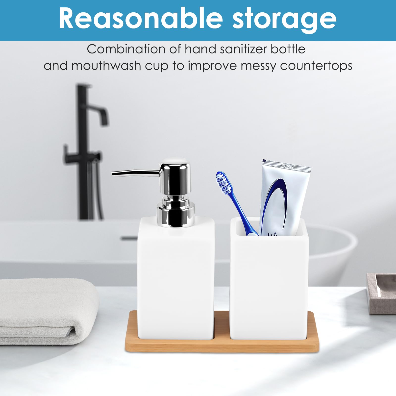 Bathroom Accessories Set, 3Pcs Soap Dispenser Toothbrush Holder & Bamboo Tray - Image 4