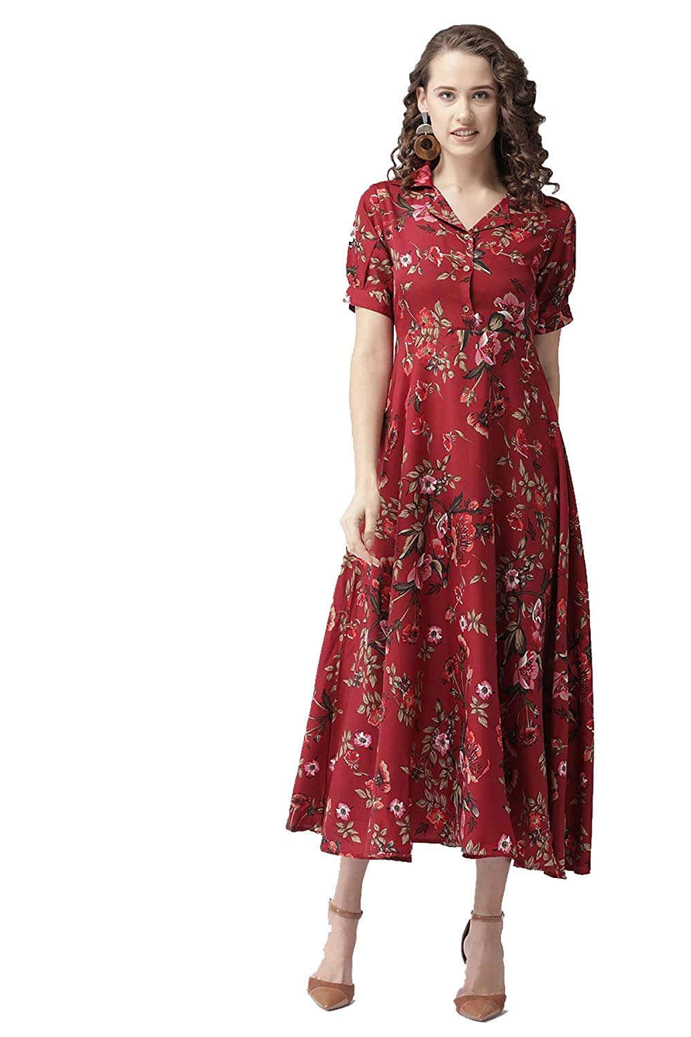 Patlani Women's Fit And Flare Maxi Dress Maroon-L (Full-Stitched)