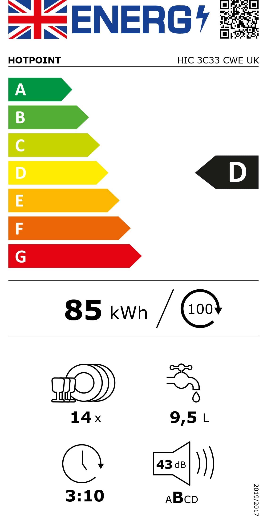 Hotpoint HIC3C26WUKN Fully Integrated Standard Dishwasher Stainless