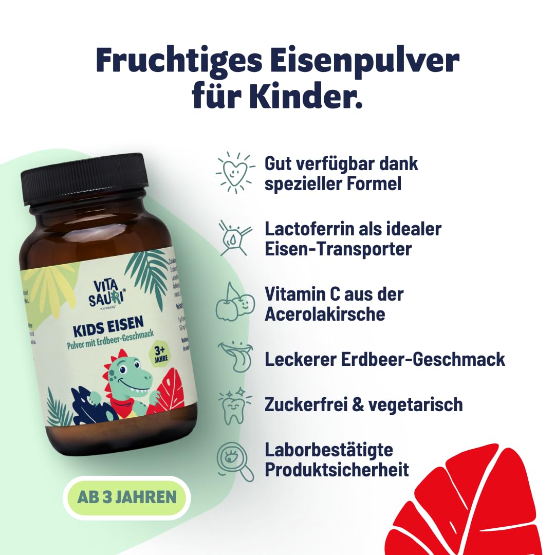 Kids Eisen - Eisenpulver für Kinder mit Lactoferrin & Vitamin C aus Acerolaextrakt - Leckerer Erdbeer-Geschmack - Vegetarisch - Ohne Zucker (65 g)