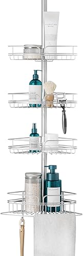 Zenna Home Organizador de ducha esquinero resistente al óxido para baño, 4 estantes ajustables con toallero y ganchos, con poste de tensión, para