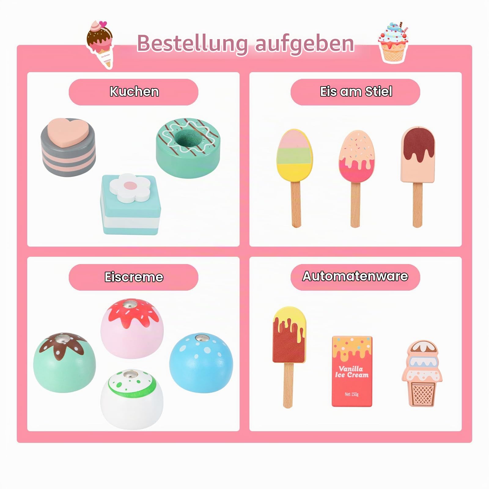 HOMASIS Kinder Eiswagen Holz mit 15 Zubehör, Kaufladen mit 6 Spielzeug-Eiscreme, Eismaschine, Verkaufsautomat, Kasse, Scanner, Eisdiele mit Rädern & Vordach, Verkaufsstand für Kinder ab 3 Jahre (Rosa)