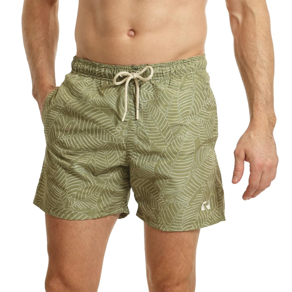 RIPT Men’s Quick Dry Swim Shorts with Mesh Lining Drawstring Waist UV50 Sun Protection Beach & Swimming Trunks (Khaki Leaf Print, L)