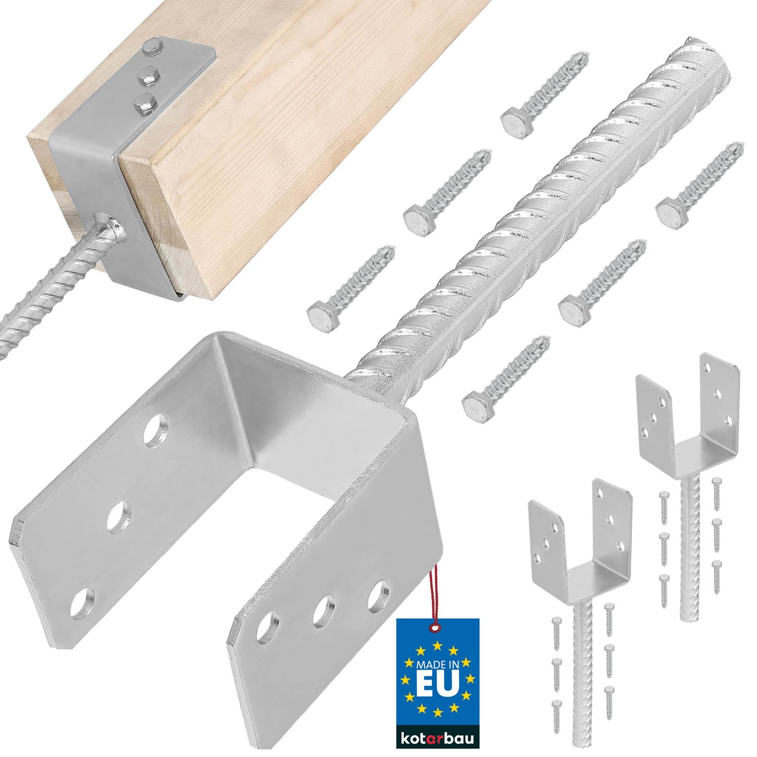 KOTARBAU® 2 pcs U Post Base - for Concrete - Galvanised Steel - 81 mm (3.19 Inches) - Silver - Fence Post Support - Pillar Support