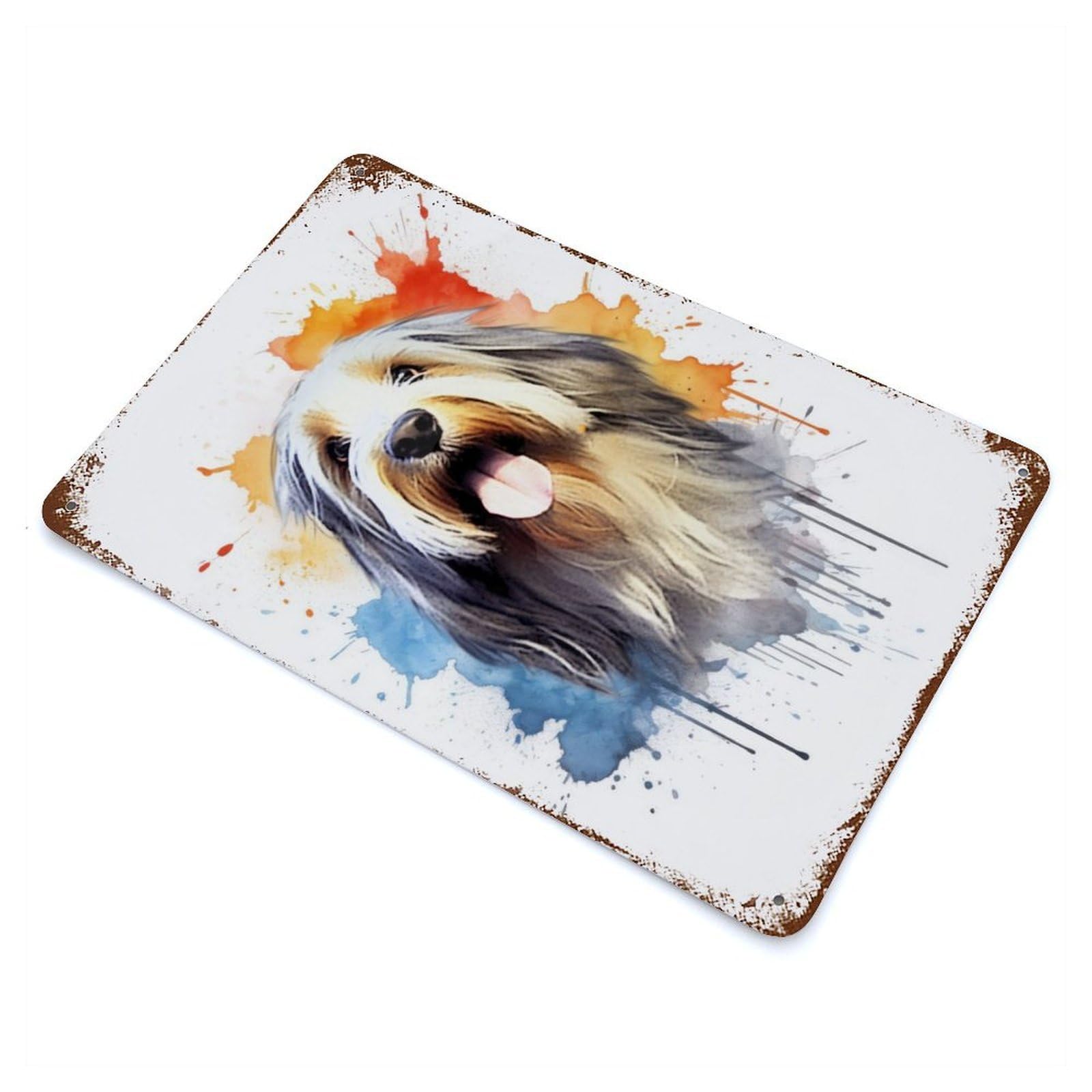 Bearded Collie Watercolor 11.8"x7.9" Aged Metal Wall Plaque, Retro Wall Decor for Farmhouse, Kitchen And Entryway Decor