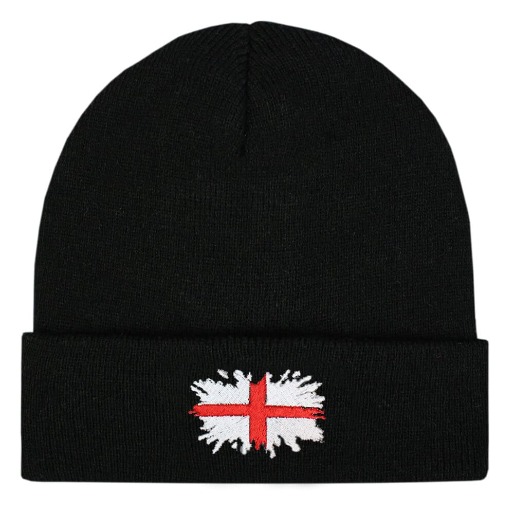 Teddyt's Men's Black England Flag Art Thermal Knit Rib Beanie Hat (Black)
