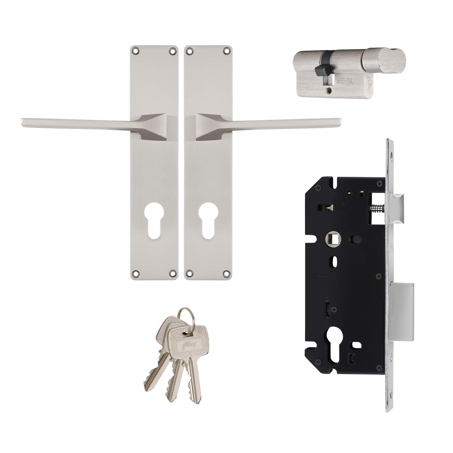 Godrej Mortise Door Lock | NEH 16 1CK | Handle with 3 Keys | Suitable for Left & Right Handed | Inside & Outside Opening Door Handle Set | Satin Steel Finish | Silver | 5 Years Warranty