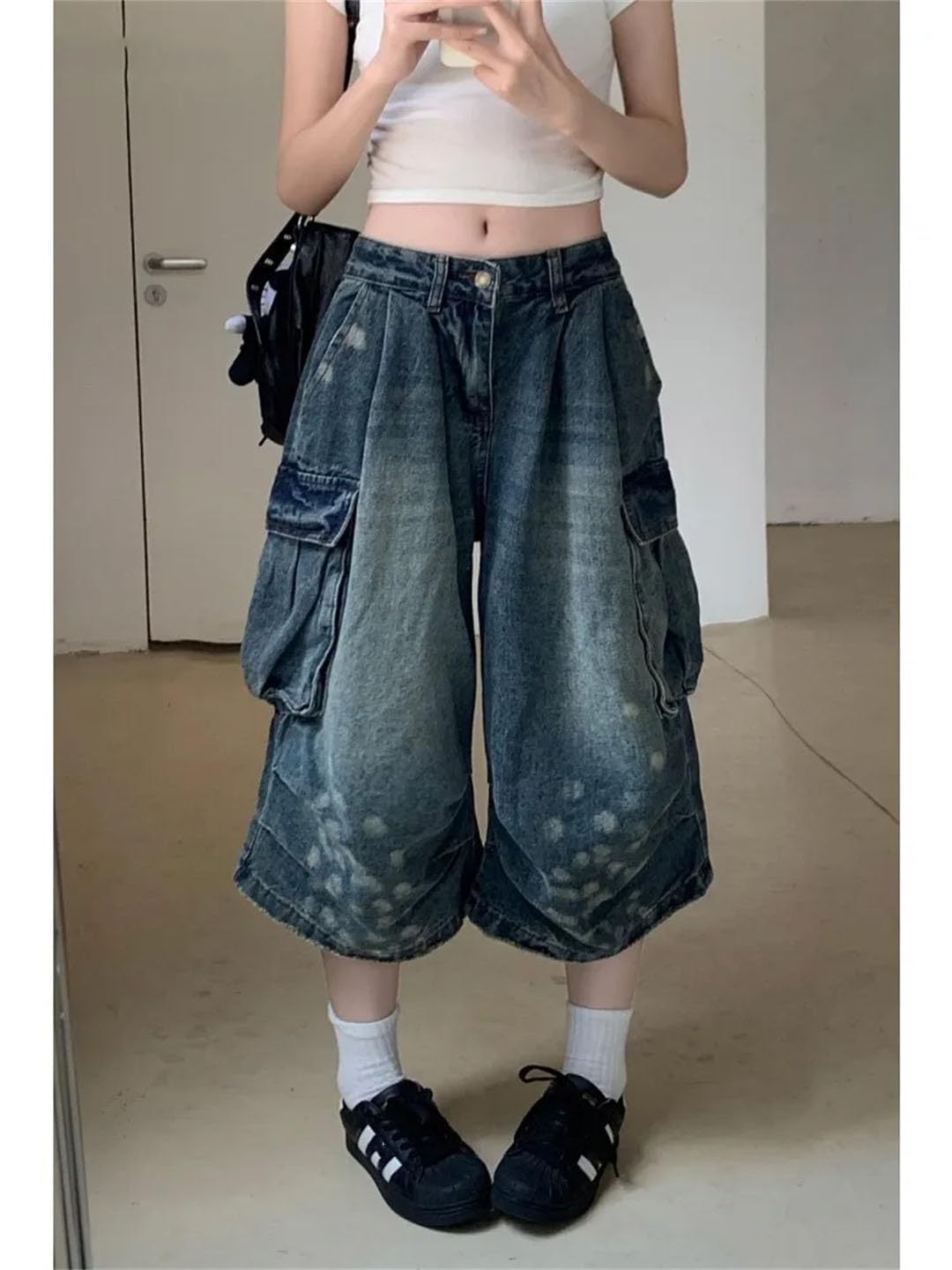 Damskie retro szerokie nogawki workowate spodenki dżinsowe Harajuku sprane luźne dżinsy z wysokim stanem, NIEBIESKI, S