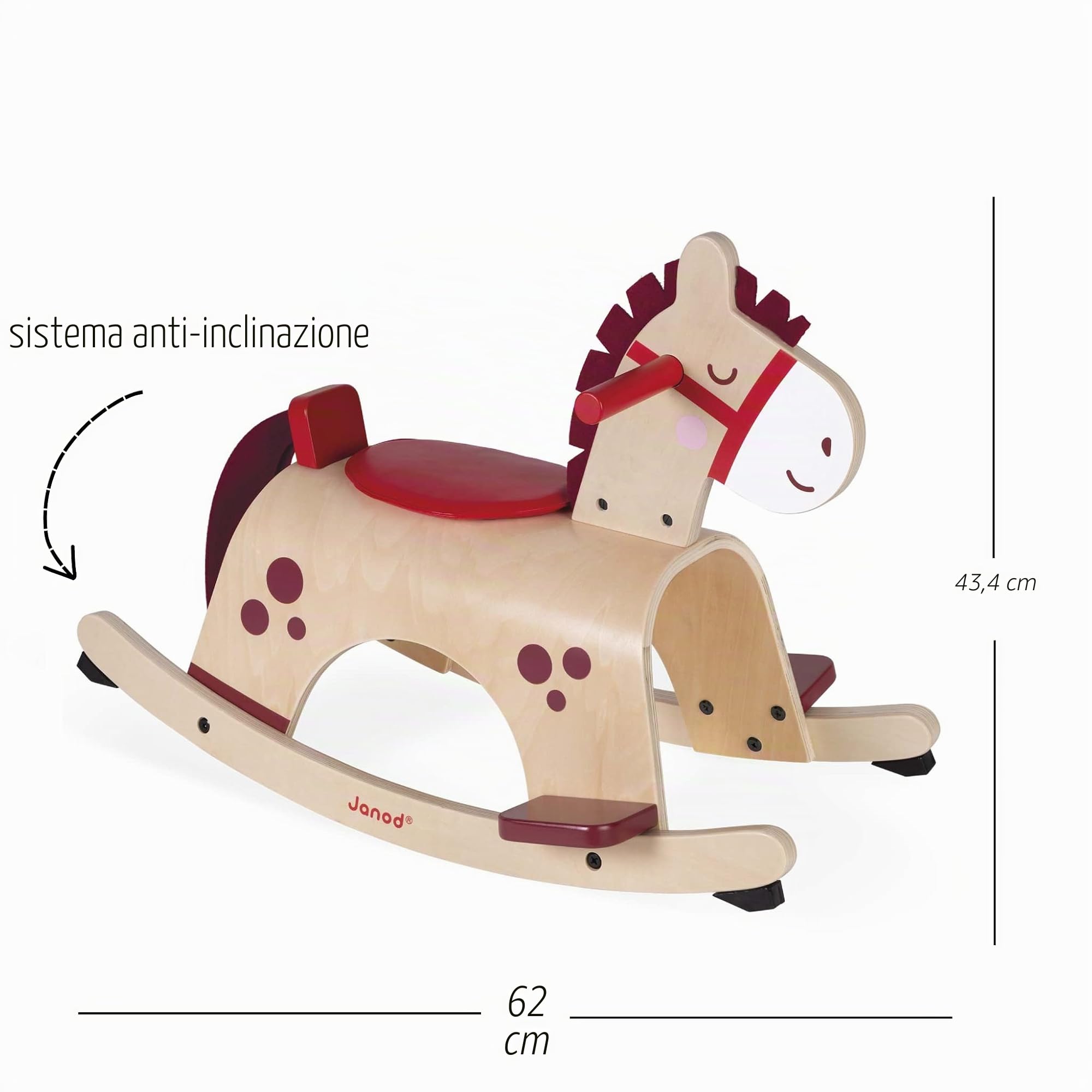 Janod - Pony a Dondolo in Legno - Colori Delicati e Attuali - Ideale per L’Apprendimento dell’Equilibrio - Sistema Antiribaltamento - Giocattolo per Bambini da 1 a 2 Anni, J08023