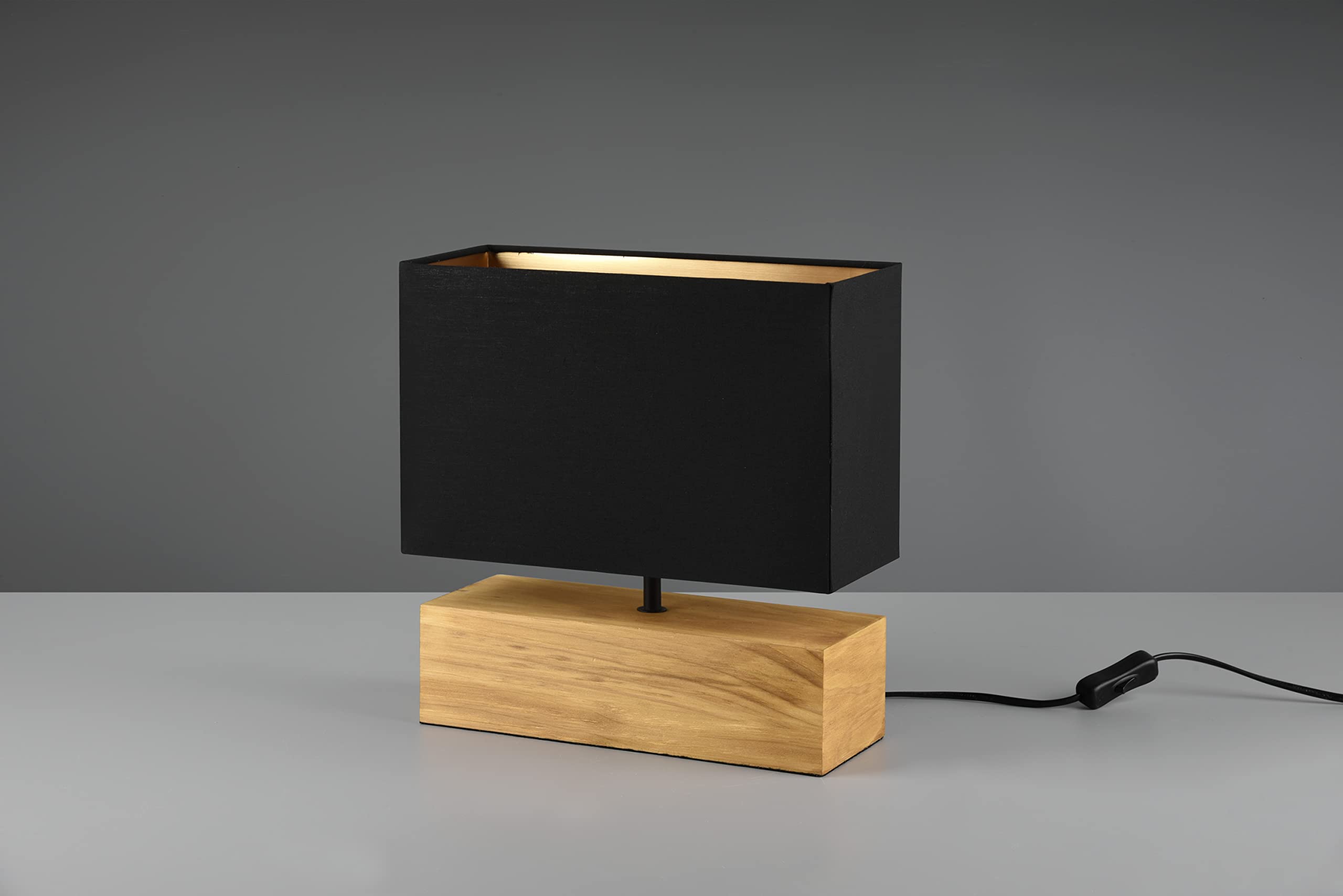 Reality Leuchten R50181080 Woody - Lámpara de mesa (metal negro mate, pie de madera, pantalla de tela negro/dorado, no incluye 1 bombilla E27)