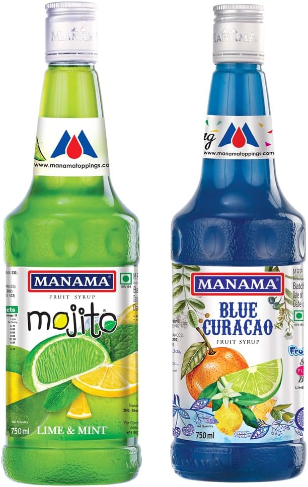 Manama Lime and Mint Mojito Flavoured Syrup and Blue Curacao Flavoured Fruit Twist Syrup 750ML Each, Pack of 2
