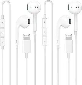 Pacote com 2 fones de ouvido para iPhone com fio e controle remoto integrado para controlar música, chamadas telefônicas e volume, compatível com iPhone 14 13 12 11 Pro Max XS XR X 8 7 6
