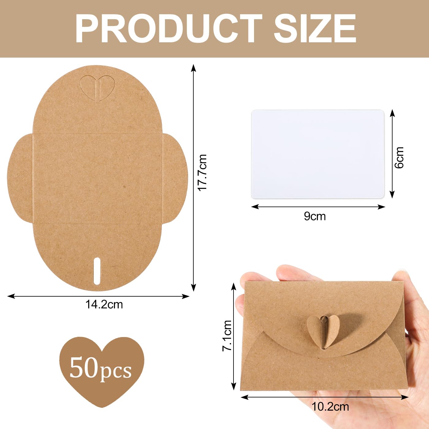 Enveloppes en papier kraft vintage avec fermeture cœur - Lot de 50 avec cartes vierges pour mariage, remerciement