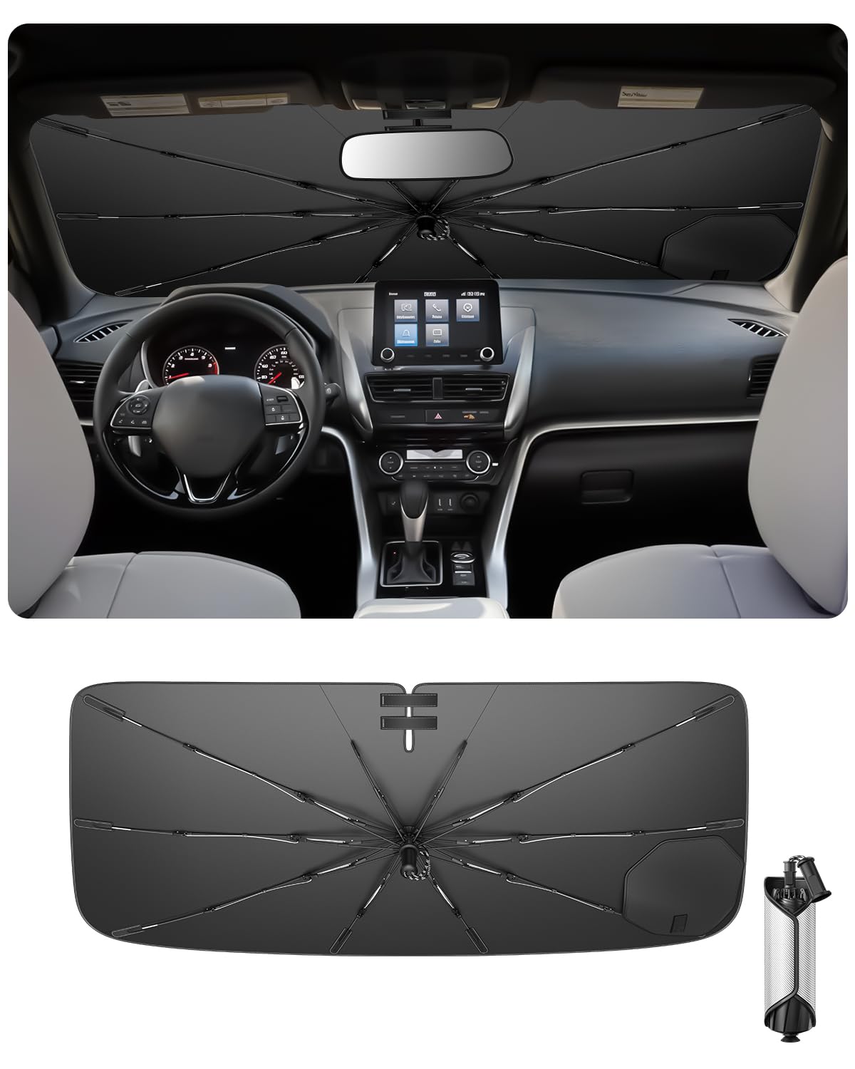 Ruiya 2026 Upgrade Parasol Coche Delantero Compatible con Mitsubishi Eclipse Cross 2018-2026, Paraguas Plegable Aislamiento Térmico, Protección UV, Accesorios para Parabrisas