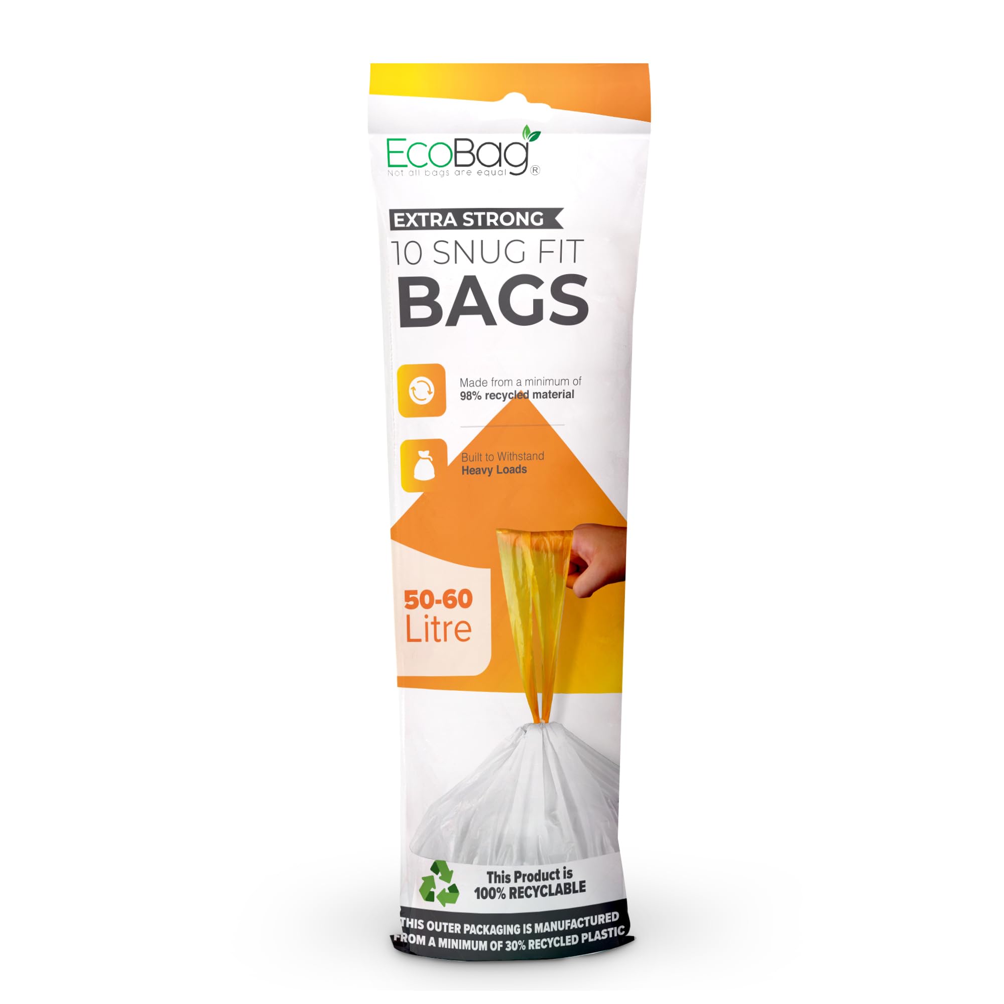 Ecobag Unscented (50-60L) - 10 Pack White Kitchen Drawstring Bin Liner - 50-60L - 28 Microns - Heavy Duty, Extra Strong, Brabantia Compatible, Eco-Friendly, Tear Resistant, Clear Recycling Bags (620 X 810Mm) - Unscented