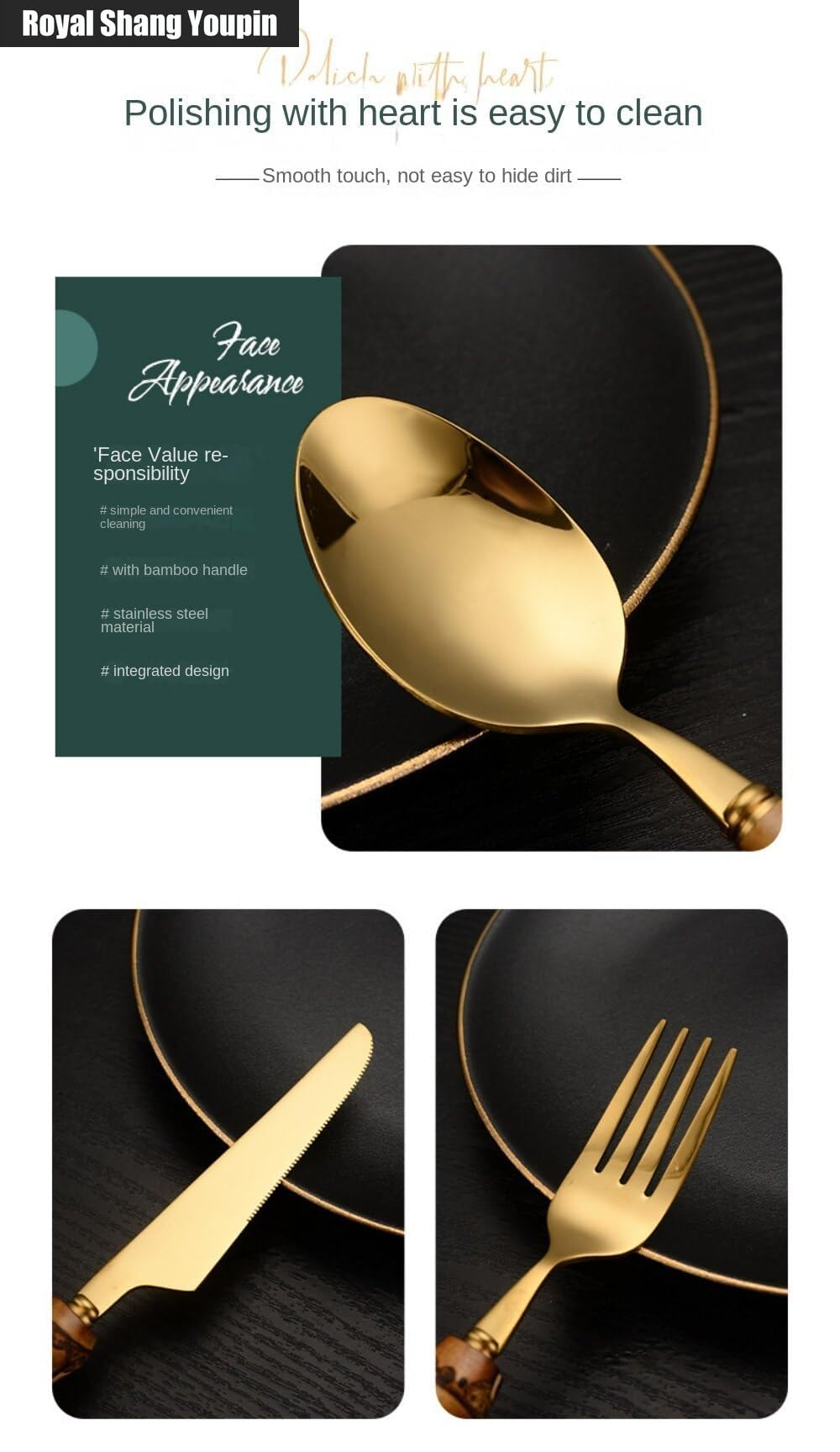 Véritable Manche en Bambou Cuisine en Acier Inoxydable Argenterie Vaisselle Couverts Couverts Couteaux Fourchettes Cuillères Ensemble Maison (Or,24 pièces/Range-Couverts)