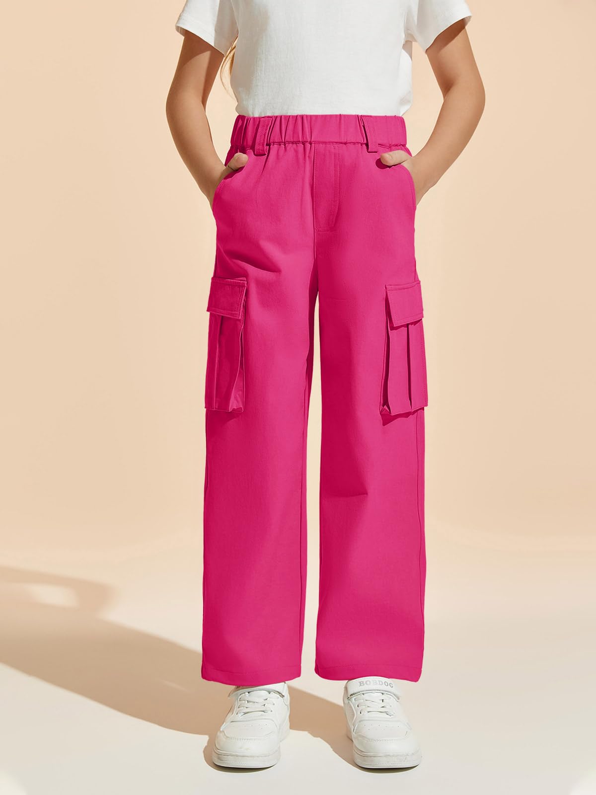 Haloumoning Pantaloni cargo da ragazza, casual, larghi, gamba larga, elastico in vita, pantaloni da jogging con tasche, 5-14 anni