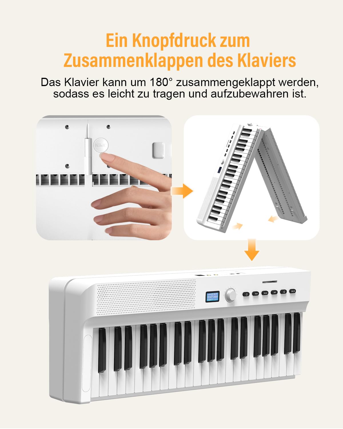 Pianoforte pieghevole migliorato, tastiera semi-ponderata a grandezza naturale, supporta MIDI, tastiera portatile pieghevole con cavo dati, adatta per regali (bianco)