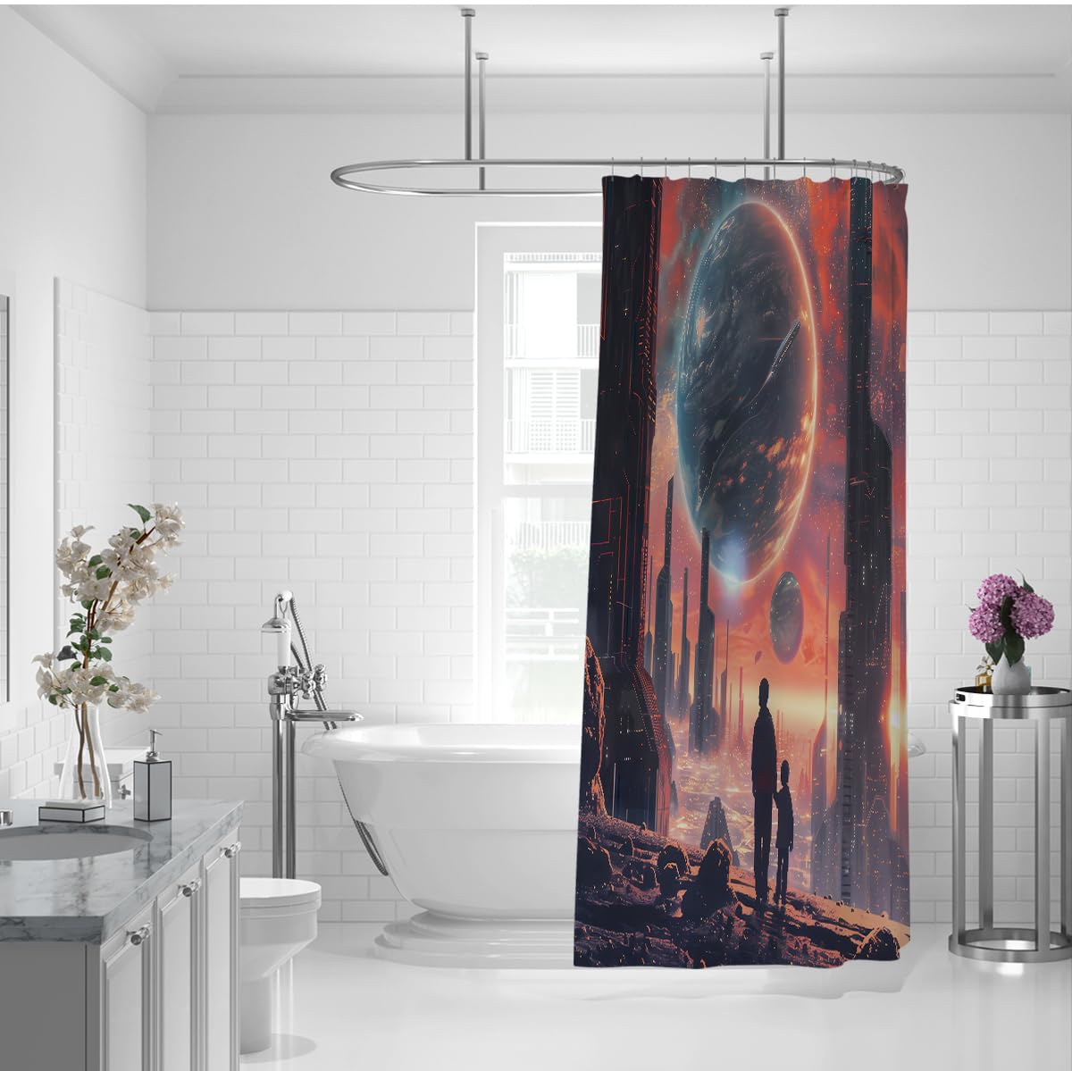 Rideau de Douche Paysage planète Espace Fantasy 180 x 180 cm