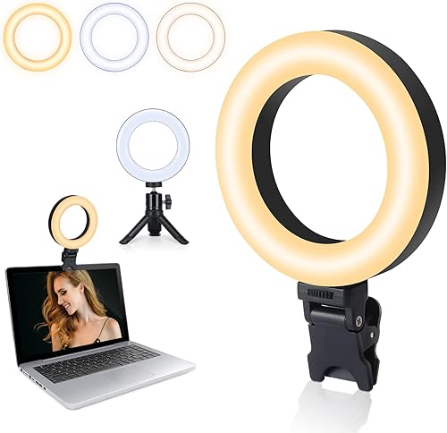 Anillo de luz de 45 pulgadas para iluminación de videoconferencia de computadora con clip y trípode 3 colores regulables y 10 niveles de brillo