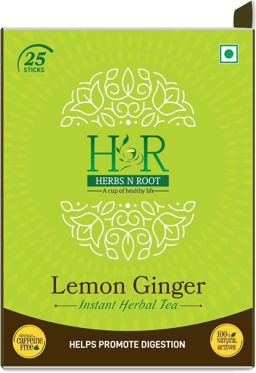 Herbs N Root Lemon Ginger Instant Herbal Tea | Soluable Green Tea | Improve Appetite & Digestion System Herbal Tea | Ginger Tea | Immune with Added Vitamin C Tea - 25 Stick (2gm Each)