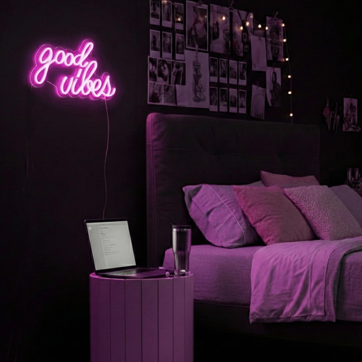 DECANIT Good Vibes Lampe LED 3D esthétique pour décoration murale, chambre, dortoir universitaire, studio, veilleuse 3D alimentée par USB pour cadeau d'anniversaire, fond de fête, 40,6 x 21,6 cm (rose