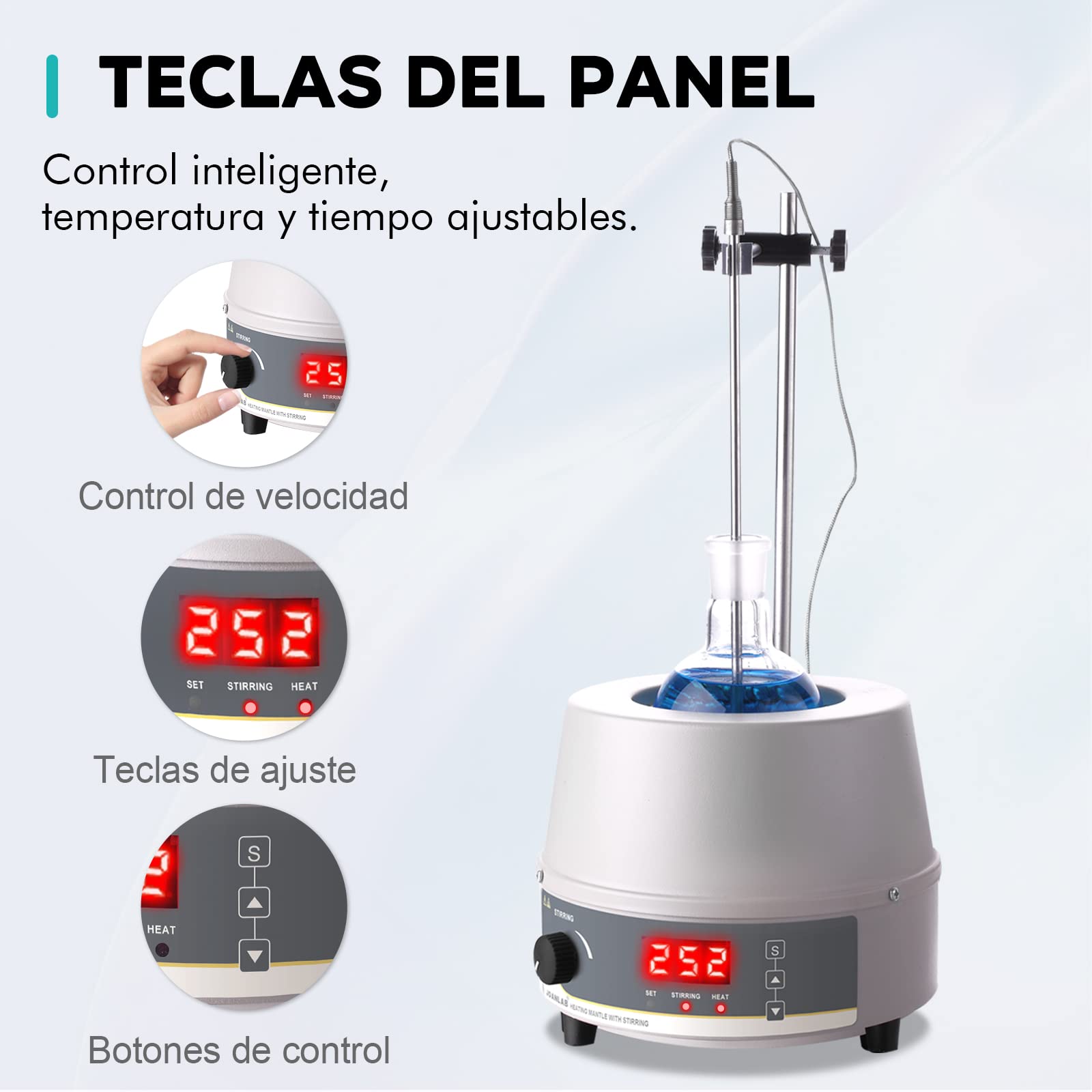 LAB FISH Manto Calefactor Magnético 1000ml, Agitador Magnético Termostático para Laboratorio 350W, con Pantalla Digital, Sonda de Temperatura y Temporizador