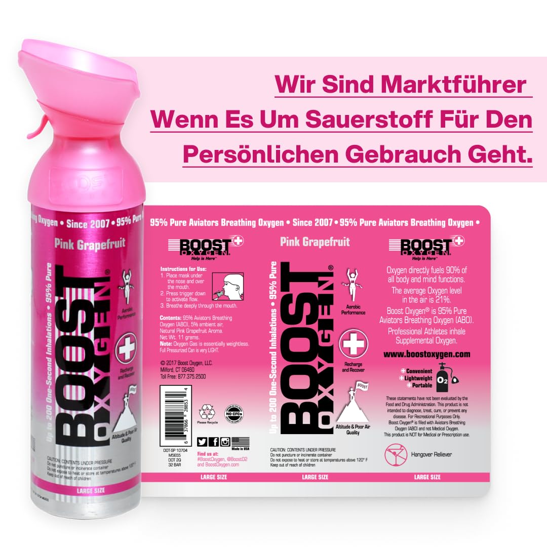 Boost Oxygen Sauerstofflasche für Unterwegs mit 95% Sauerstoff - 54L, 6x9L Sauerstoffdose mit Sauerstoffmaske für mehr als 900 Inhalationen- mobiler Sauerstoff Inhalator (Rosa Grapefruit Geschmack)