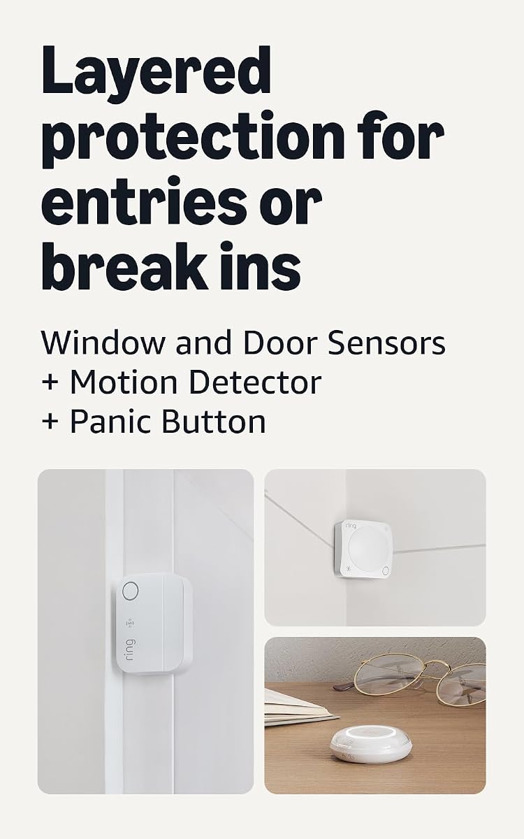 4 sensores de ventanas y puertas (modelo más nuevo) con detector de movimiento (modelo más nuevo) y botón de pánico (modelo más nuevo)