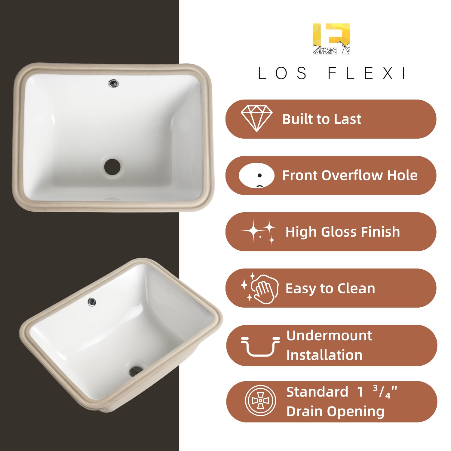 Fregadero de baño rectangular de 51 cm x 38 cm, de cerámica blanca con desbordamiento, ahorro de espacio, de porcelana vítrea, bajo encimera