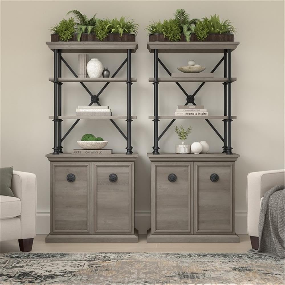 Bush Home Coliseum Designer Bookcase with Doors (Set of Two) in Driftwood Gray