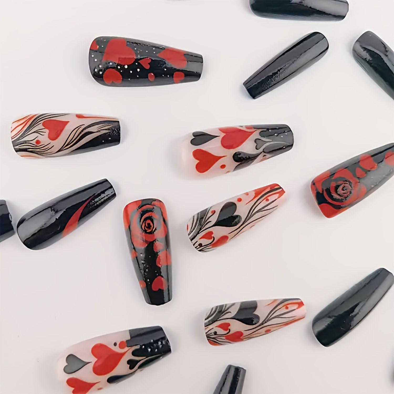 24Pcs Valentines Press On Nails Medium Square Fake Nails Red Black Heart Nails Press Ons with Love Rose Designs False Nails Full Cover Glue On Nails Glossy Stick On Nails for Women